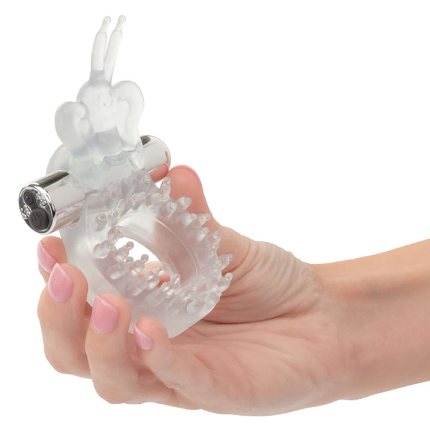 Hand holding a Wireless Butterfly Ring Rechargeable Clear, a waterproof vibrating erection enhancer with flexible design.