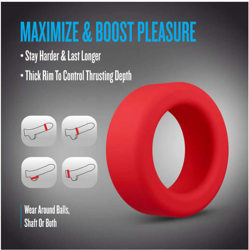 Performance Plus Pursuit Silicone Cock Ring Red showcasing its design and features for enhancing pleasure.