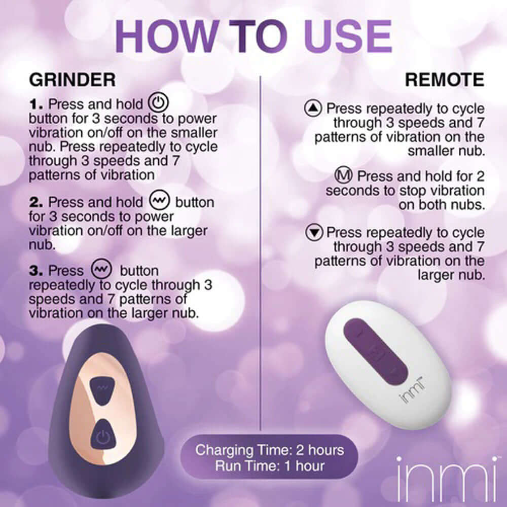 Instructions for using the Vibrating Silicone Grinder Purple and remote with details on operation and settings.