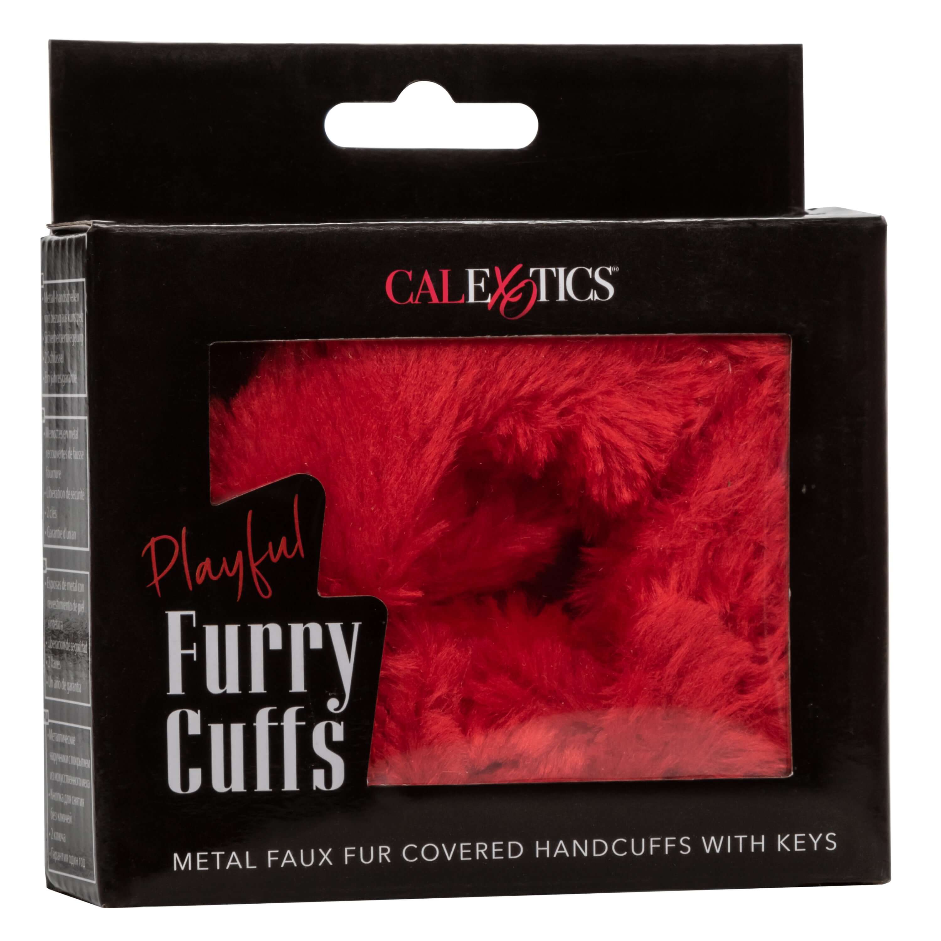 Playful Furry Cuffs Red packaging showcasing comfortable cuffs, perfect for light bondage and playful exploration.