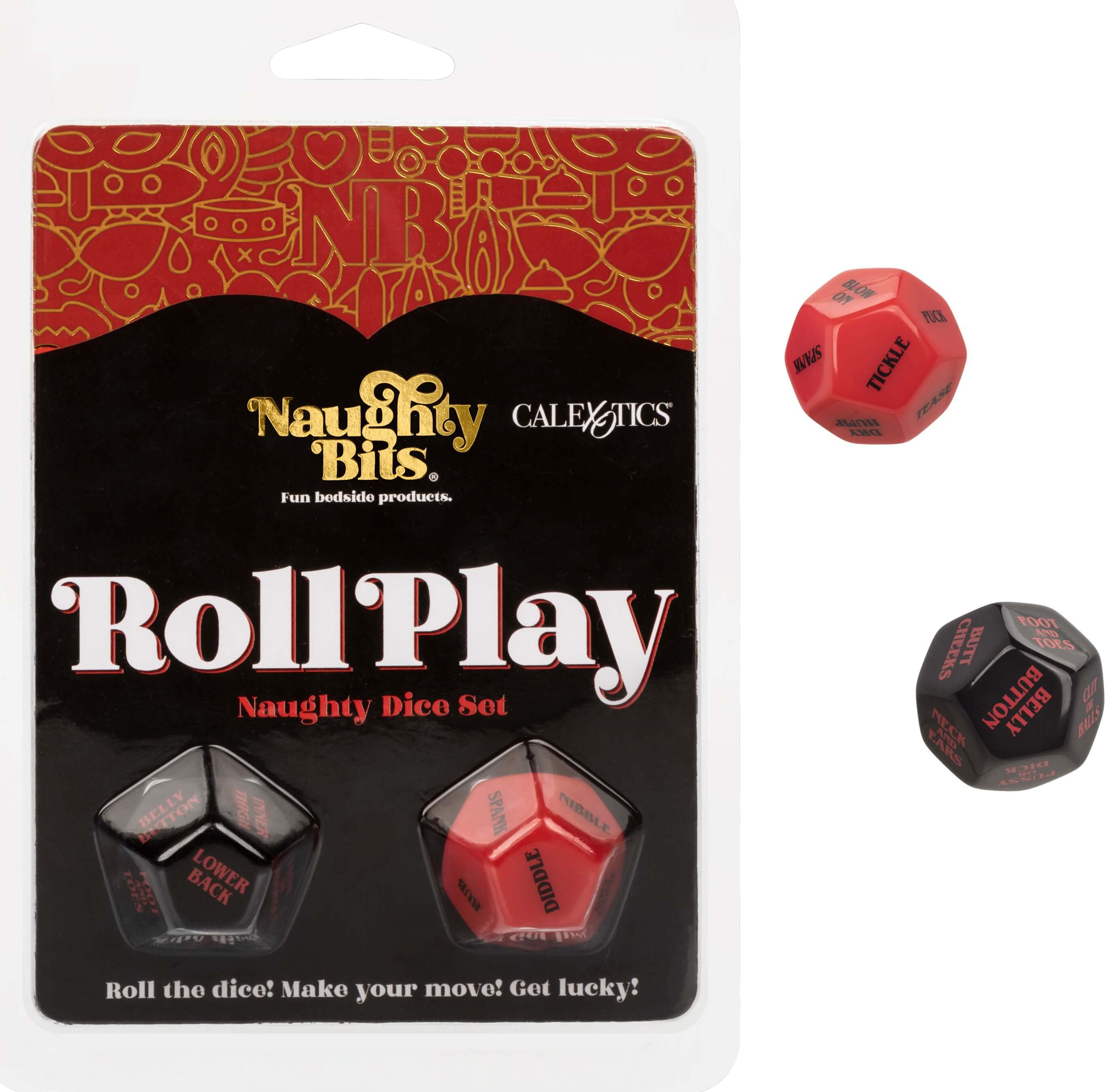 Naughty Bits Roll Play Naughty Dice Set packaging showing playful dice for couples' intimacy and spontaneity.