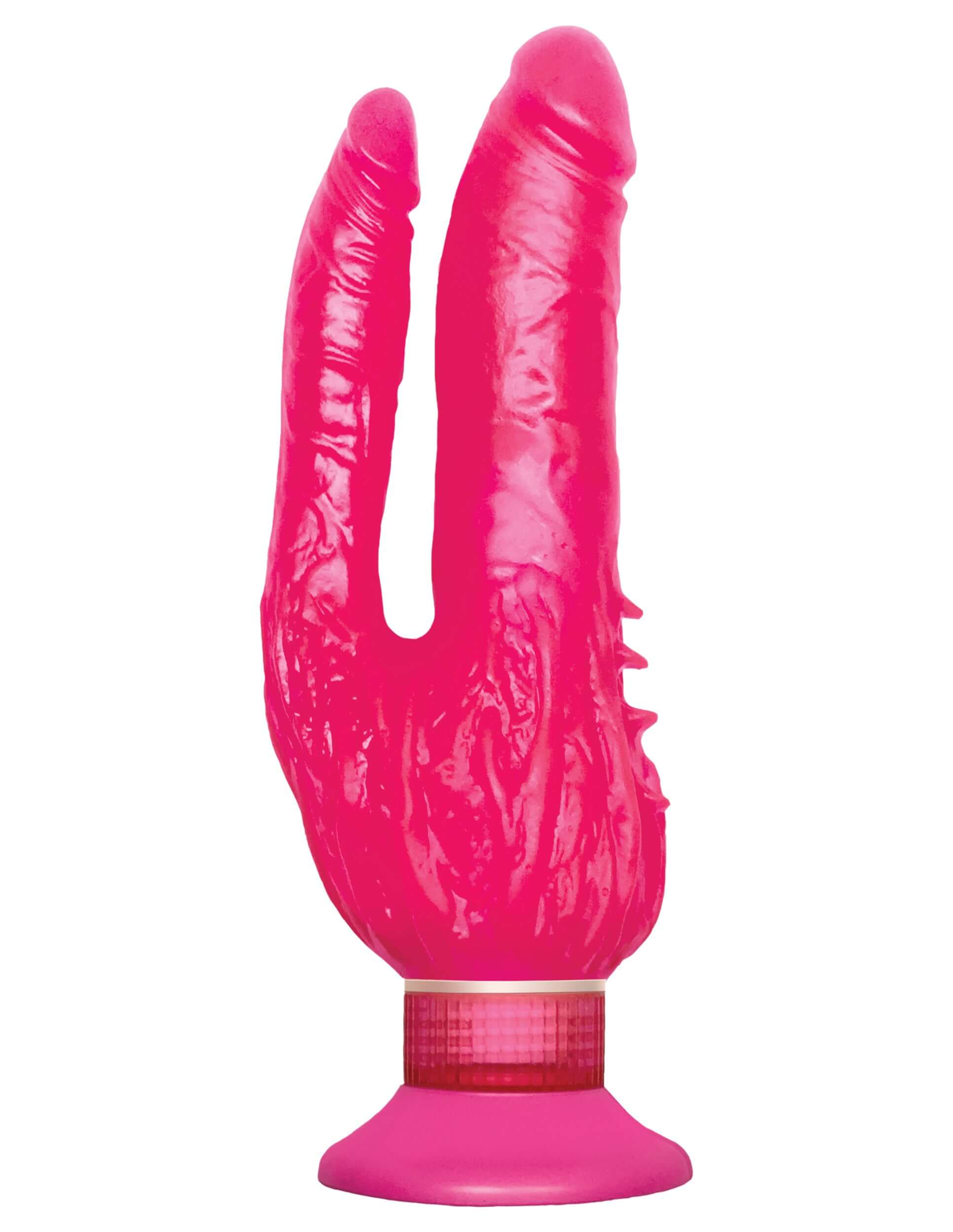 Wall Bangers Double Penetrator Vibrator in pink featuring dual stimulation and a suction base for secure positioning.