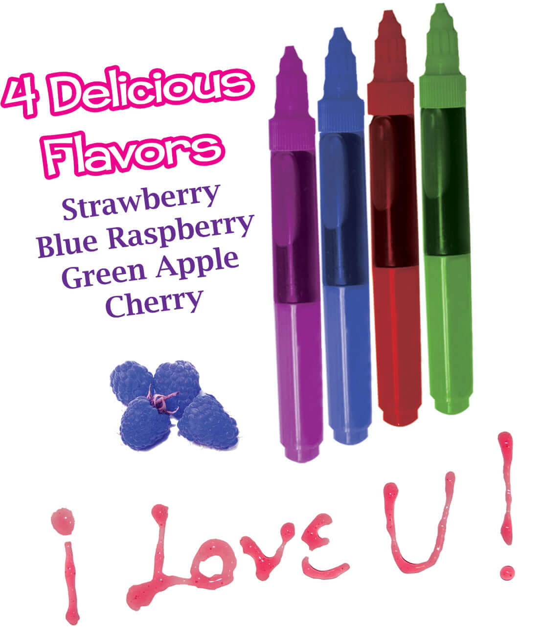 Play Pen Edible Body Paint Brushes in four flavors: strawberry, blue raspberry, green apple, and cherry.