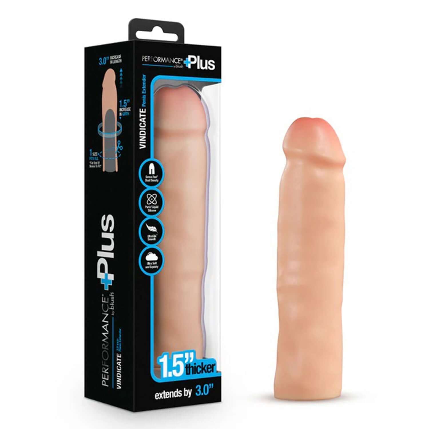 Performance Plus Vindicate Penis Xtender in beige, packaged and unboxed, enhances length and girth with Sensa Feel Dual Density Silicone.