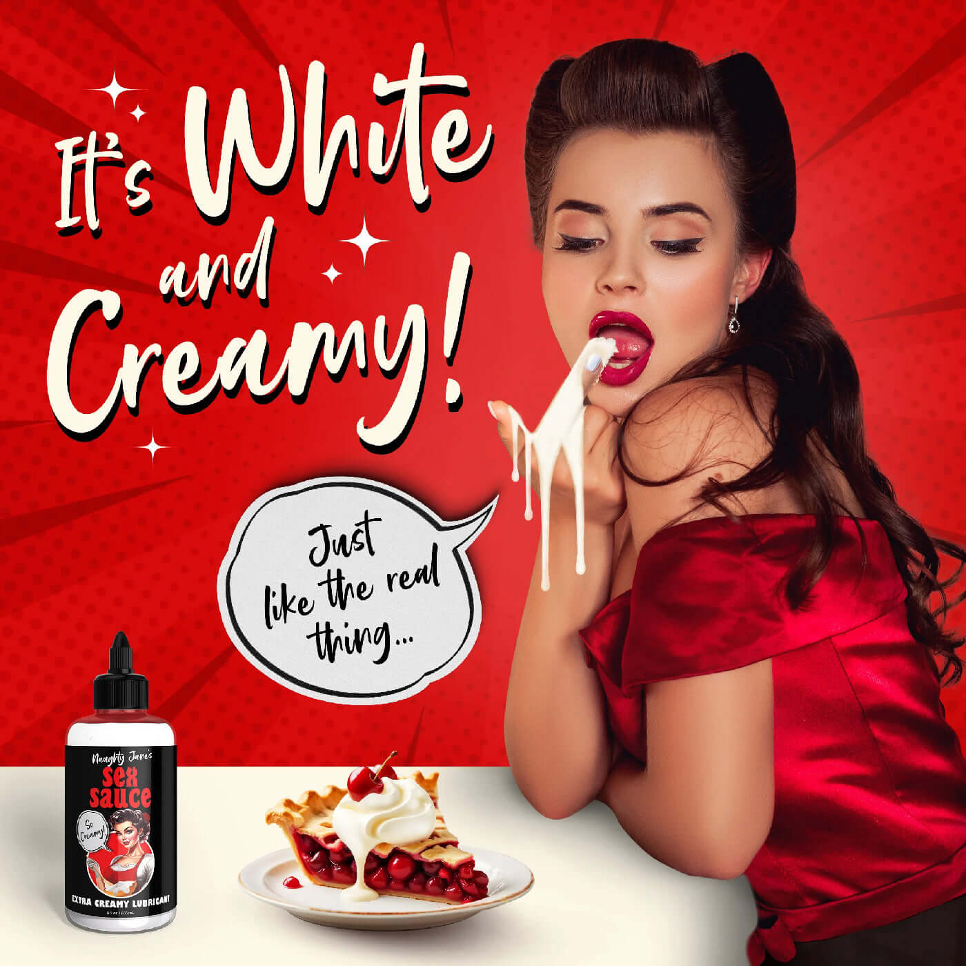 "Naughty Jane's Sex Sauce Extra Creamy Lubricant 8 Oz with sexy model and dessert, white creamy lubricant enhancing pleasure and experience"
