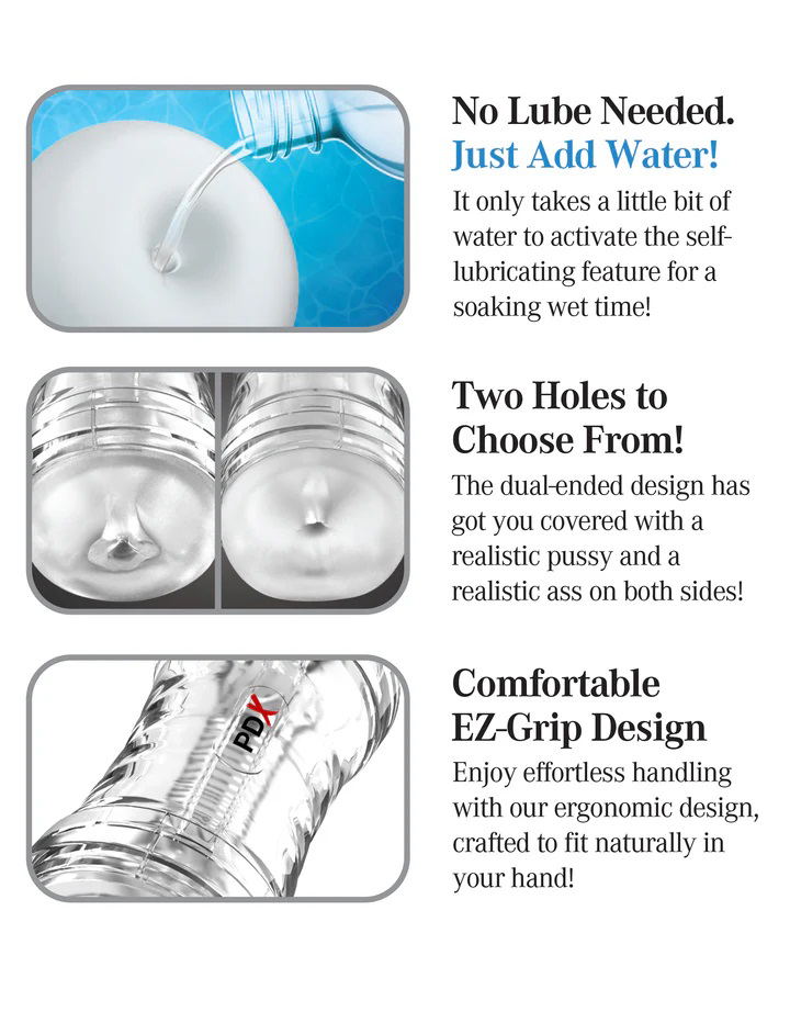 Image showcasing features of Wet Pussies Super Flip a Pussy Over Self-Lubricating Stroker including dual ends and ergonomic design.