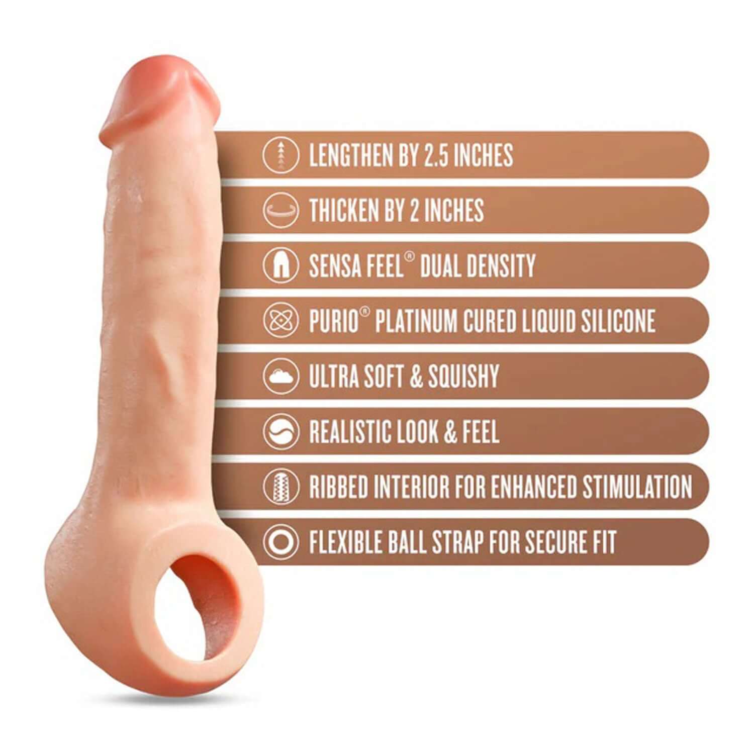 Performance Plus Thrive 2.5 Inch Silicone Penis Extender features, beige, lengthen and thicken, ultra soft, realistic look and feel.