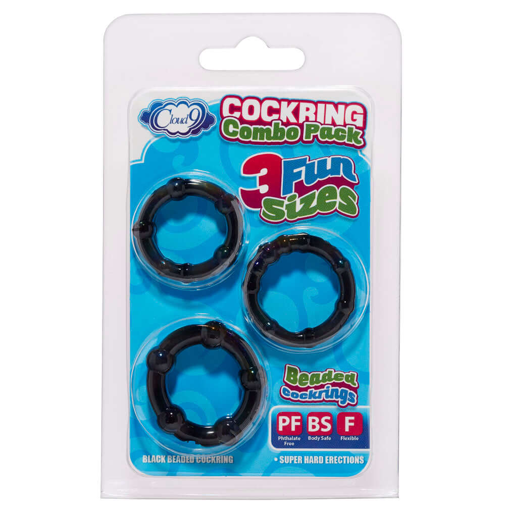 Cockring Combo Beaded 3 Pack Black by Cloud 9 Novelties featuring three beaded rings in various sizes.