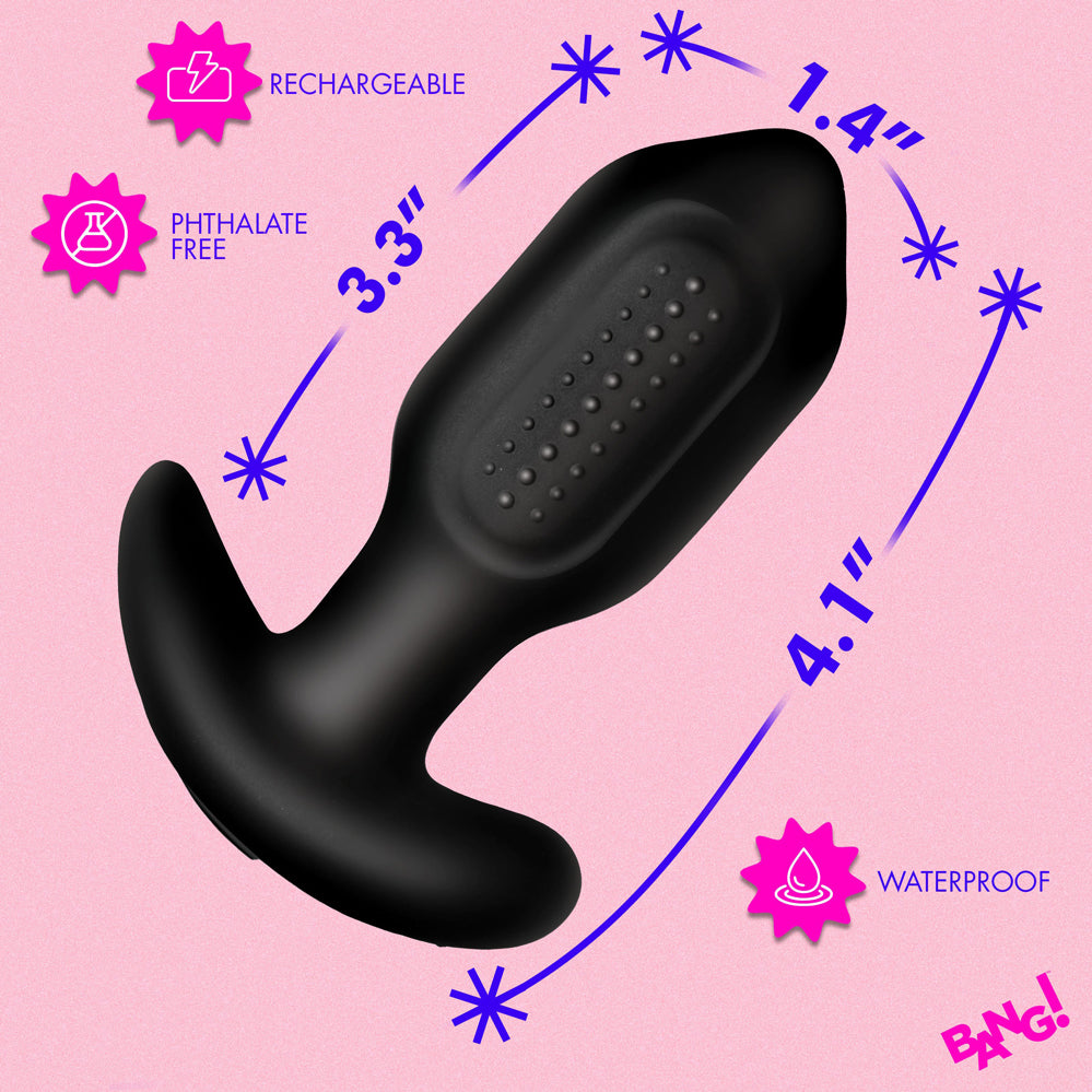 Bang Bumpy Vibrating Silicone Butt Plug Black with dimensions 3.3" length, 1.4" width, 4.1" height, waterproof and rechargeable.