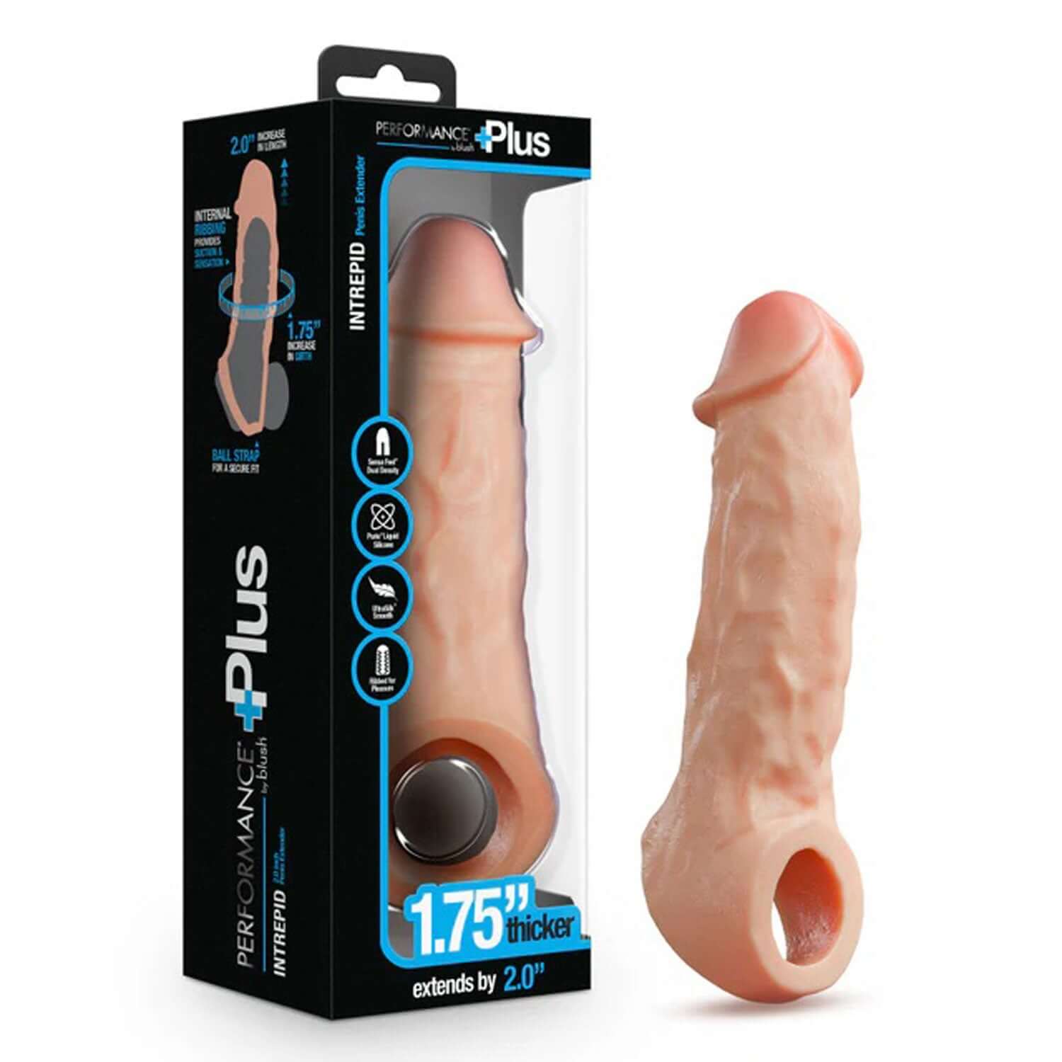 Performance Plus Intrepid 2 Inch Silicone Penis Extender, Beige, in packaging with realistic texture for enhanced length and girth.