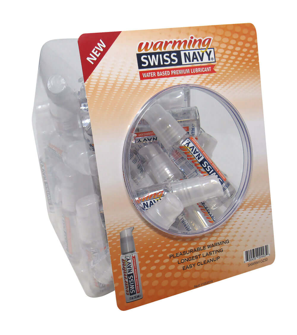 Swiss Navy Warming 1 Oz 50 Pc Fishbowl packaging displaying water-based premium lubricant for pleasurable experiences.