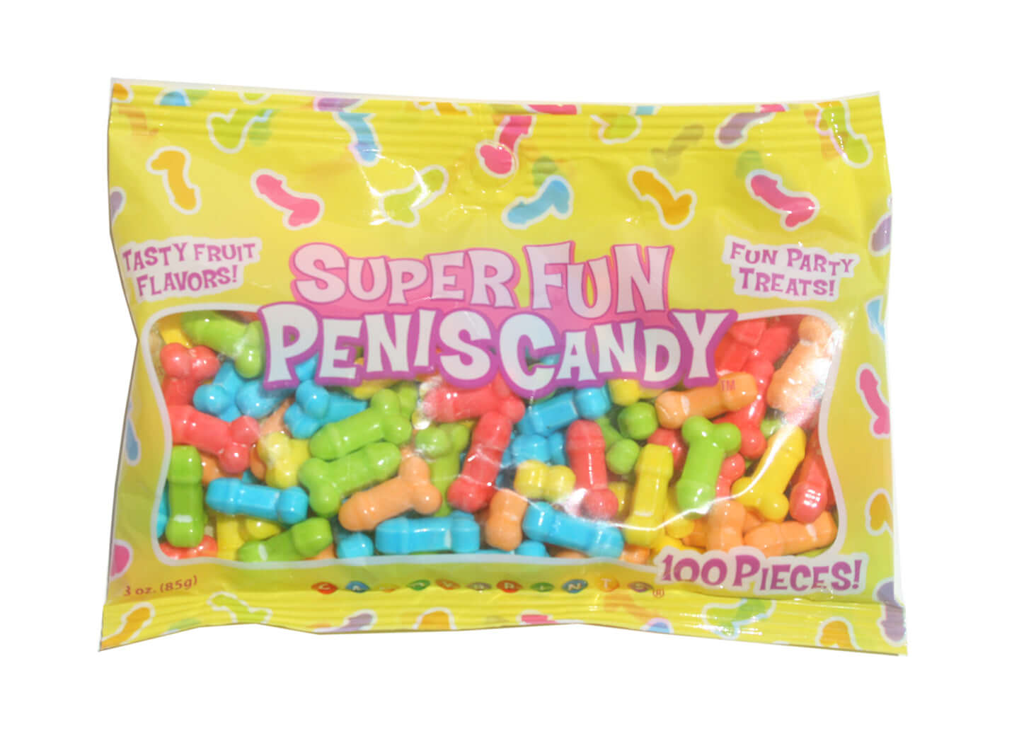 Colorful pack of Super Fun Penis Candy featuring 100 fun fruit-flavored treats for parties and special occasions.