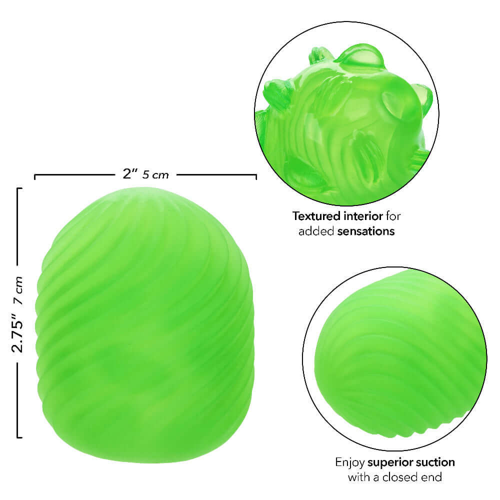 Pop Sock Textured Stroker Green showing its textured interior and superior suction features for pleasure.