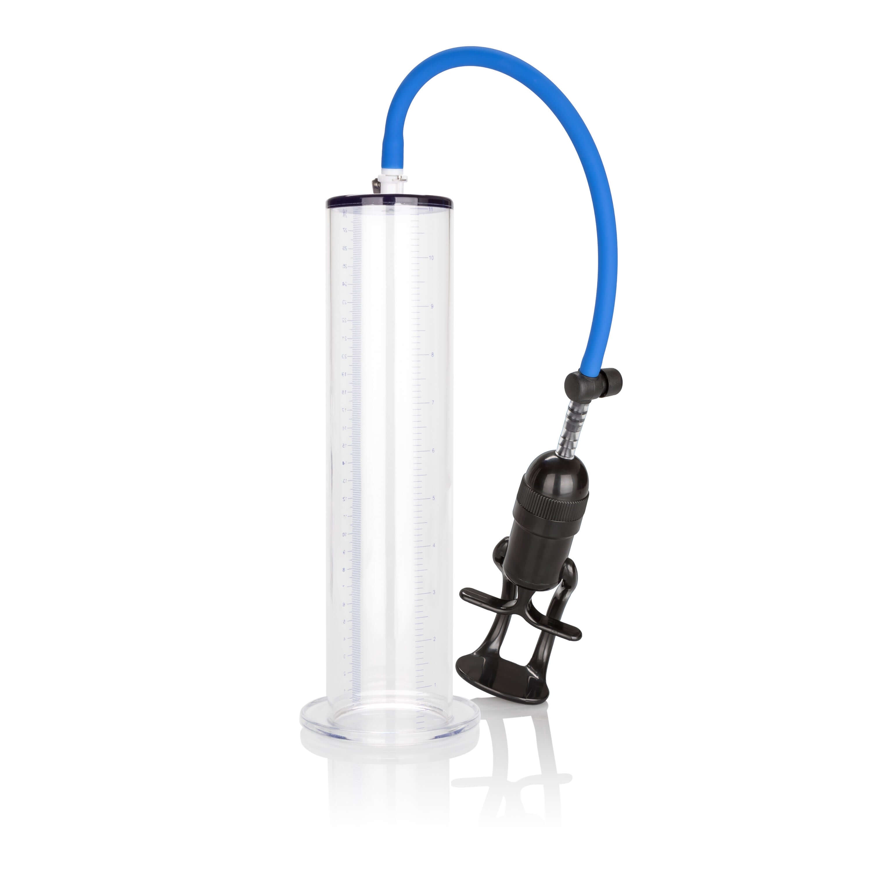 Executive Big Mans Penis Pump with a clear cylinder and blue hose for enhanced stability and controlled suction.
