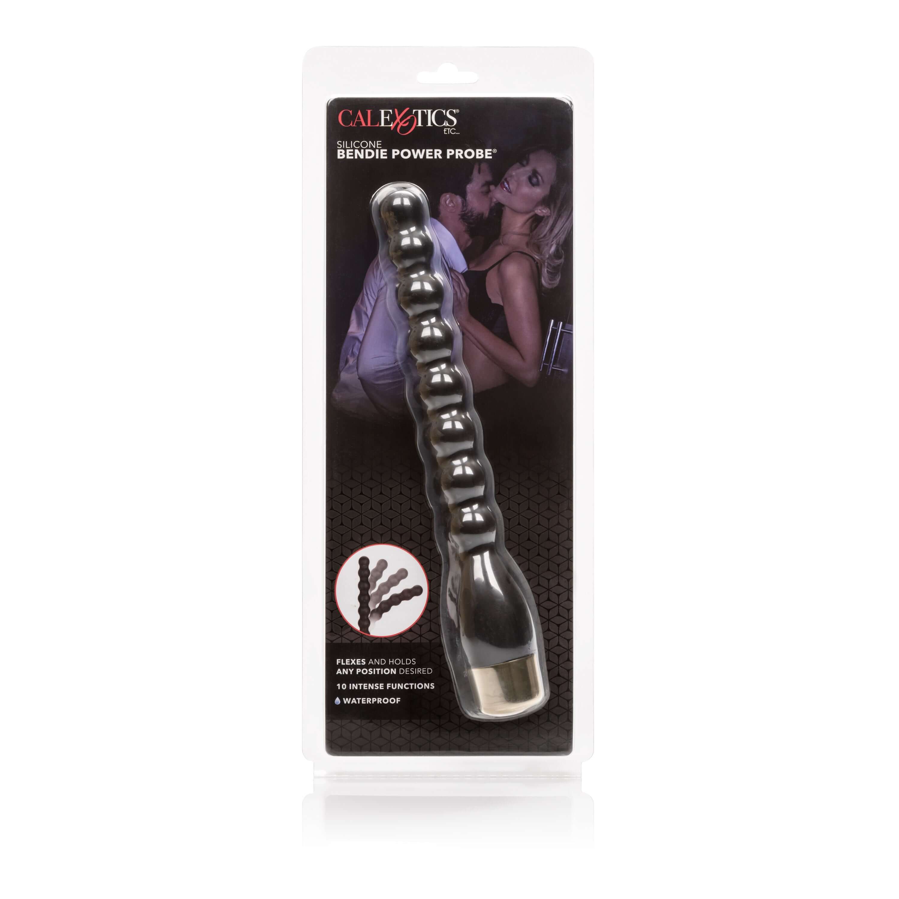Silicone Bendie Power Probe Black in packaging showcasing its flexible design for personalized pleasure.