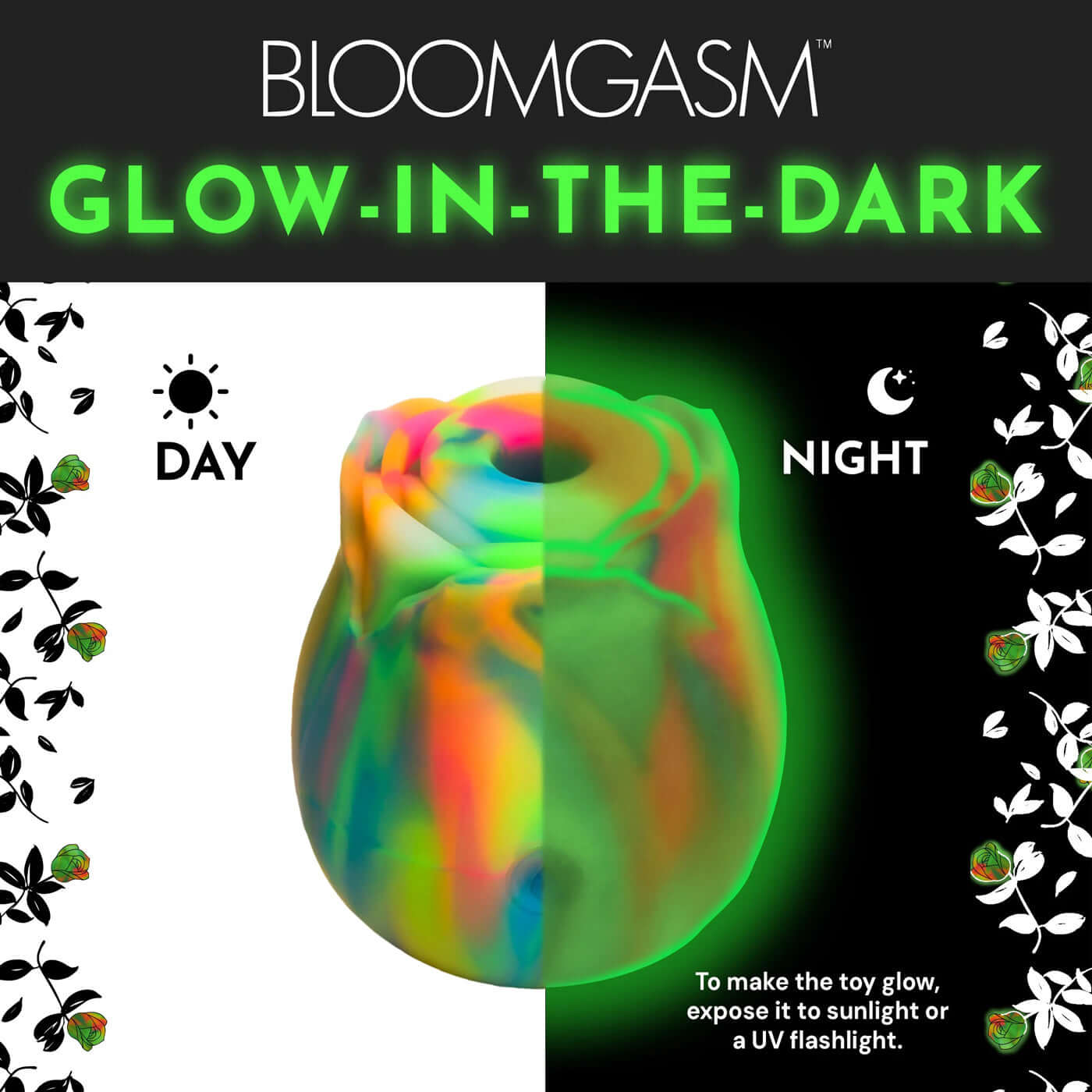 Glow Rose glow-in-the-dark rose clit stimulator in vibrant colors, shown in day and night modes, by Bloomgasm.