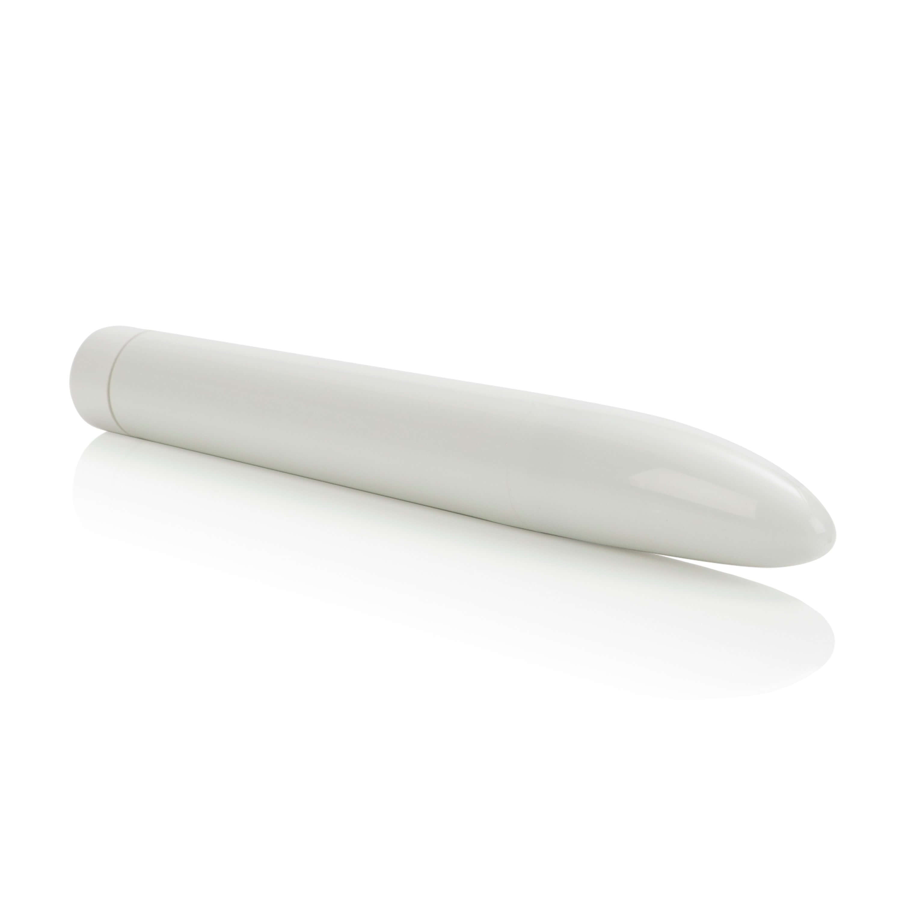 Classic Chic Maxi Mystique Hard Vibrator White on a reflective surface, showcasing its sleek design.