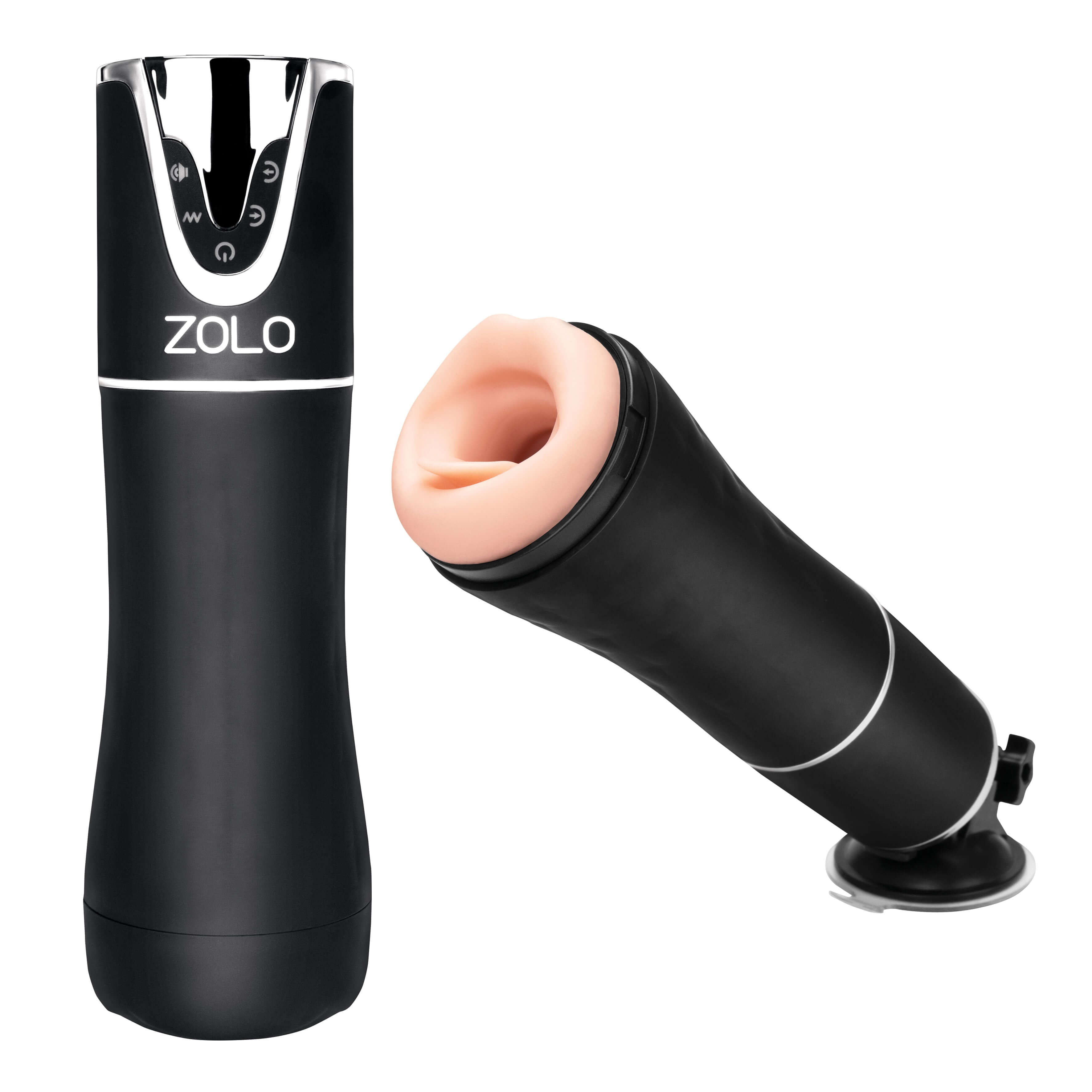 Zolo Automatic Blowjob Masturbator Black showing its USB-rechargeable design and textured internal features.