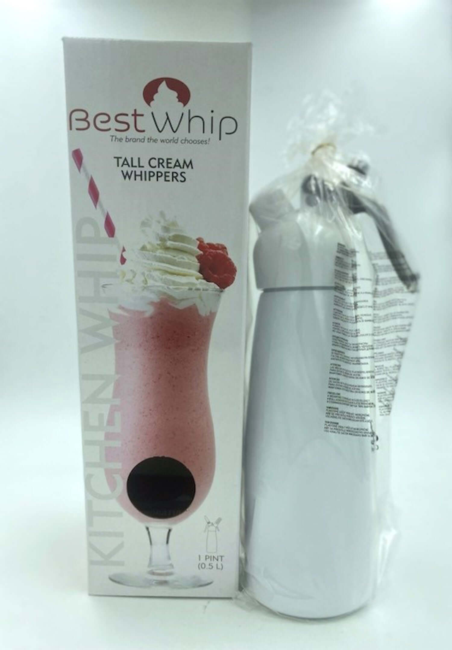 Tall cream whipper 1 pint in white packaging, ideal for making whipped cream, mousses, and garnishing beverages.