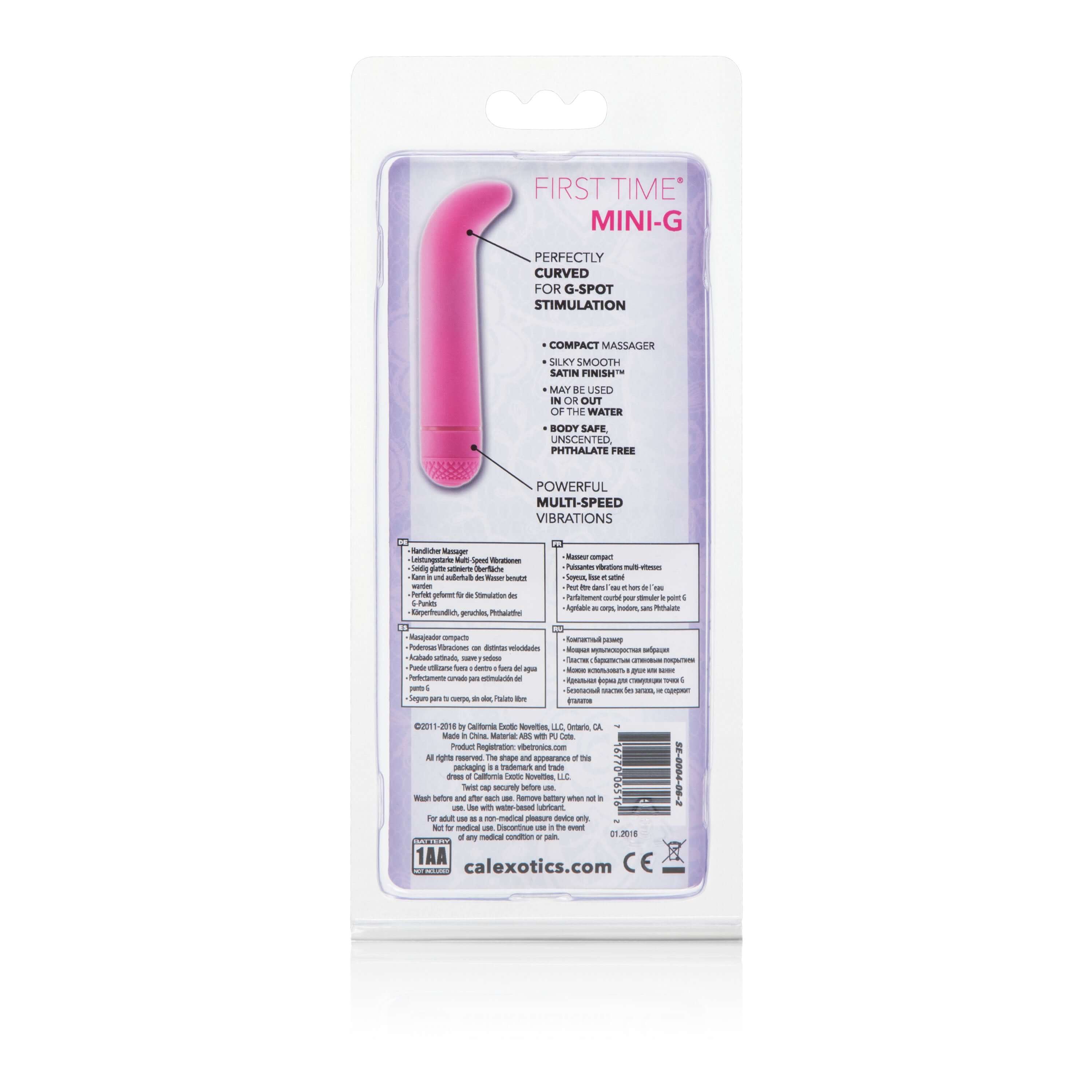 First Time Mini G-Vibe Massager Pink packaging showcasing its features and design for targeted stimulation.