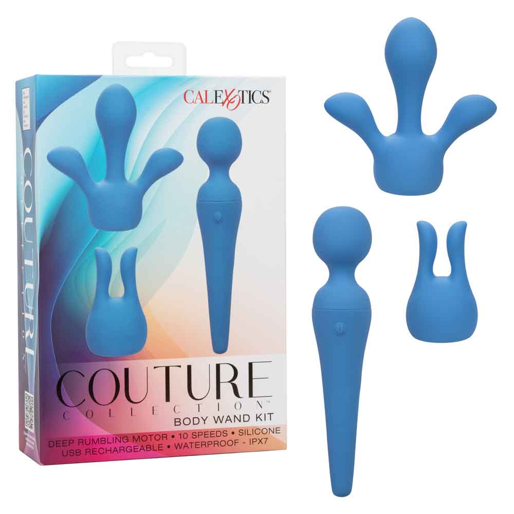 Couture Collection Body Wand Kit - Blue with powerful vibrations, flexible neck, and multiple attachable heads for luxurious massage experience