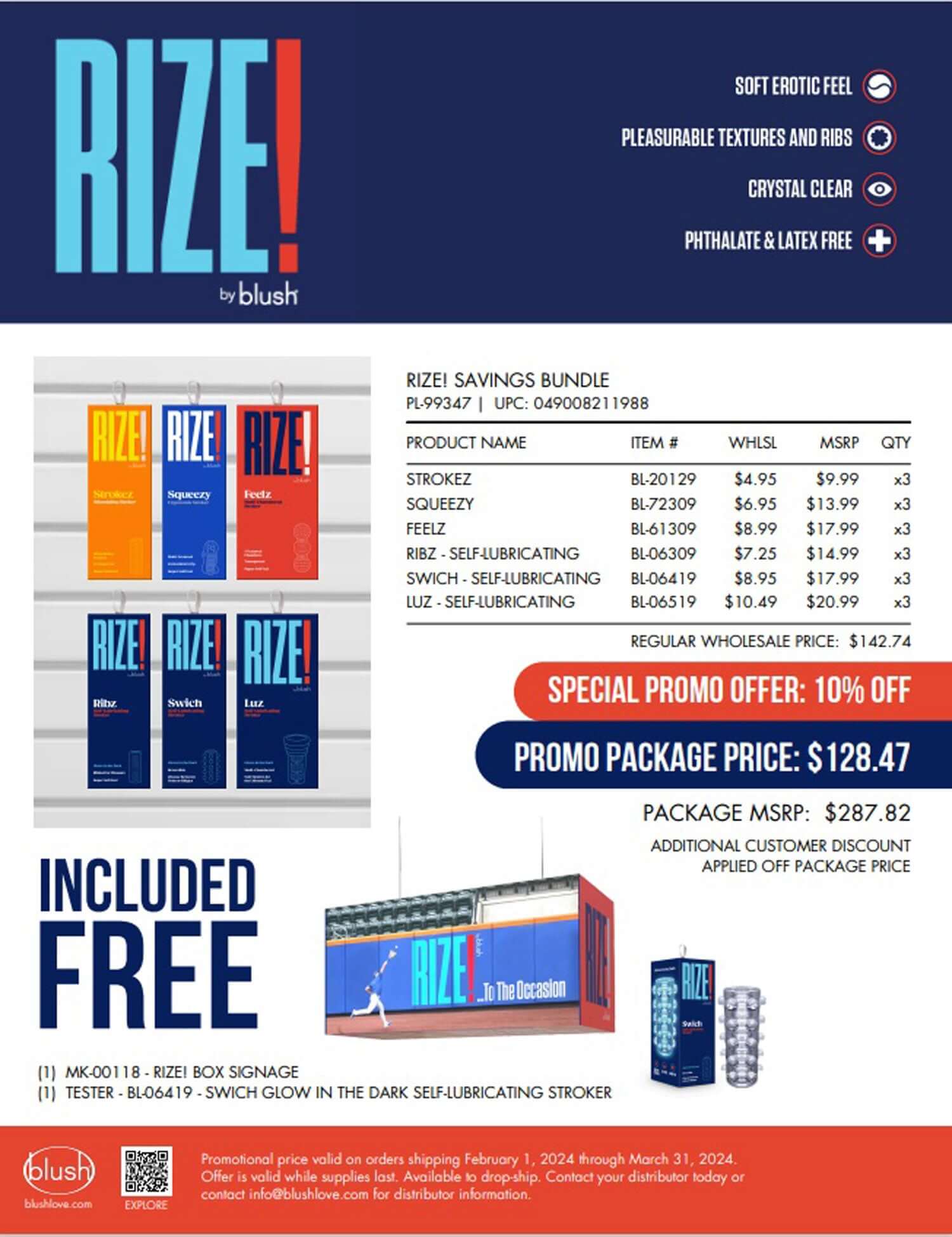 Rize! Savings Bundle Merchandise Kit with 10% discount, includes Stokez, Squeezy, Feelz, Ribz, Swich, Luz, Rize box signage, and a tester.