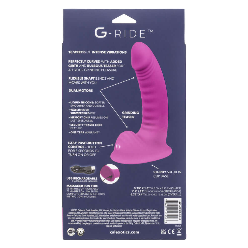 G-Ride Road Trip Liquid Silicone Vibrator packaging with features and details on dual motors and stimulation options.