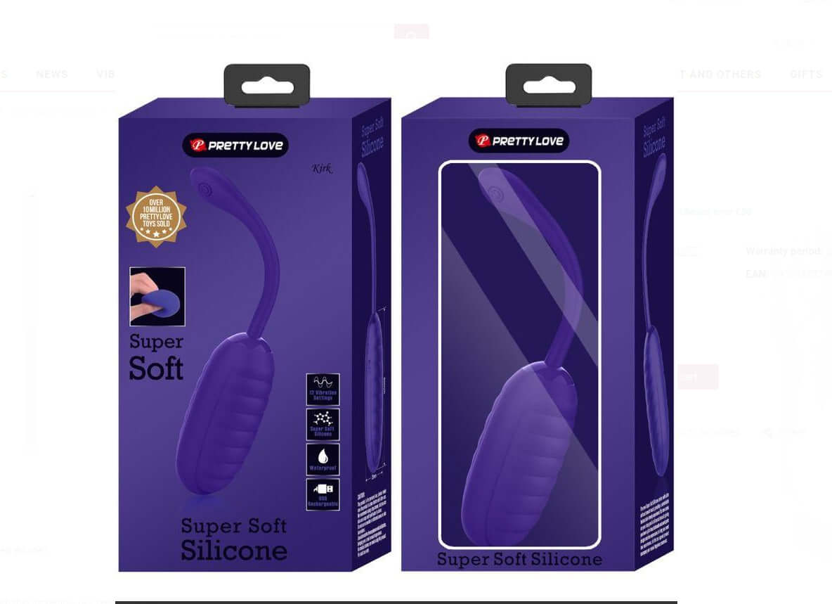 Kirk Rechargeable Vibrating Egg - Purple in packaging with super soft silicone feature.