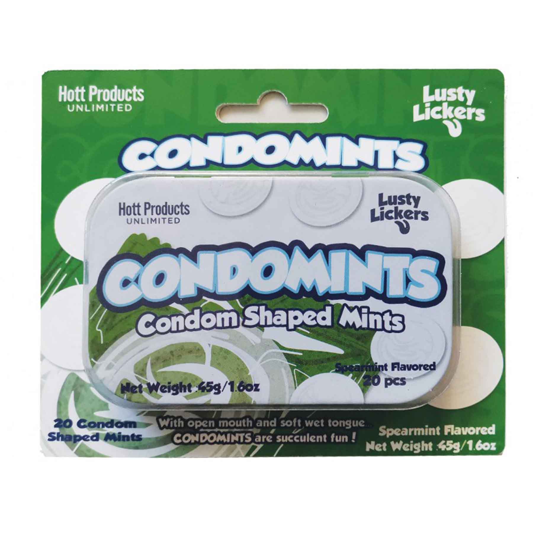 Condomints Spearmint Flavor Condom Shaped Mints 20 pieces packaged display