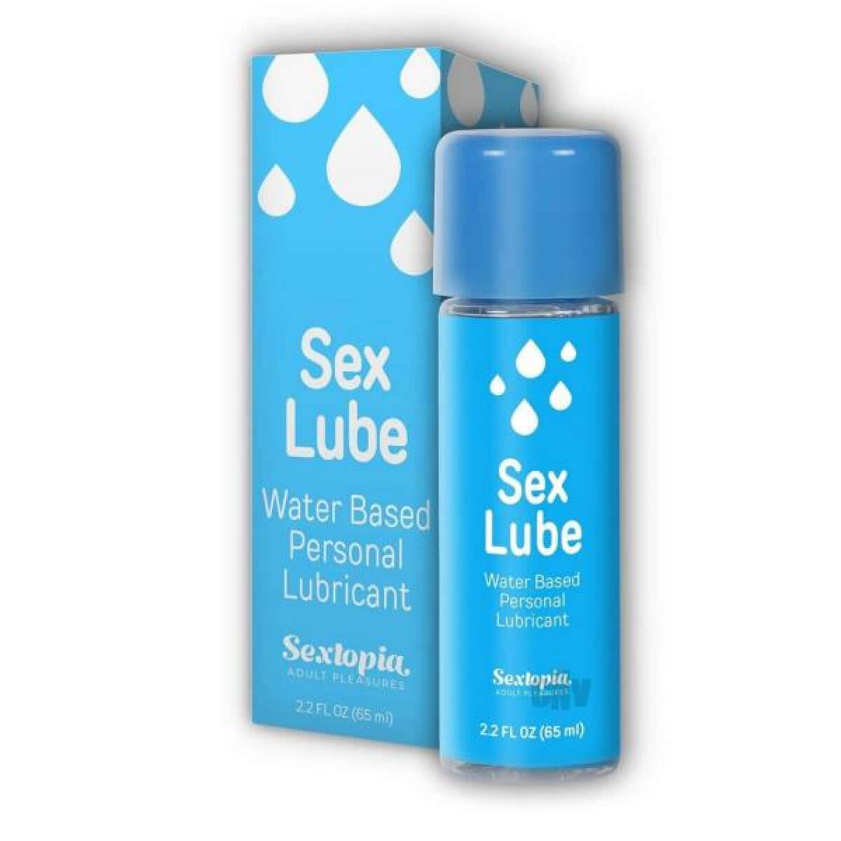 Sex Lube Waterbased Lubricant 2.2 Oz bottle and packaging with droplets design, perfect for smooth and enjoyable use.