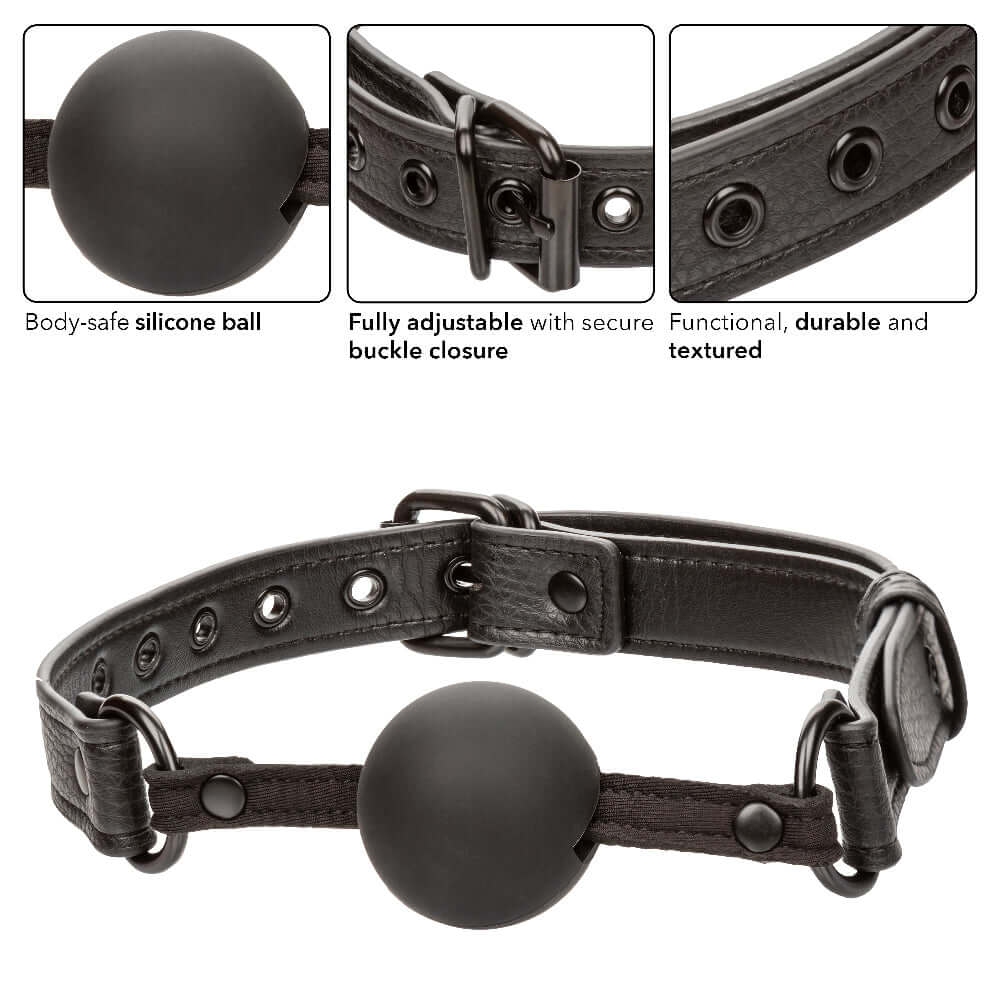 Black Nocturnal Collection Ball Gag with silicone ball, adjustable buckle closure, and durable textured strap