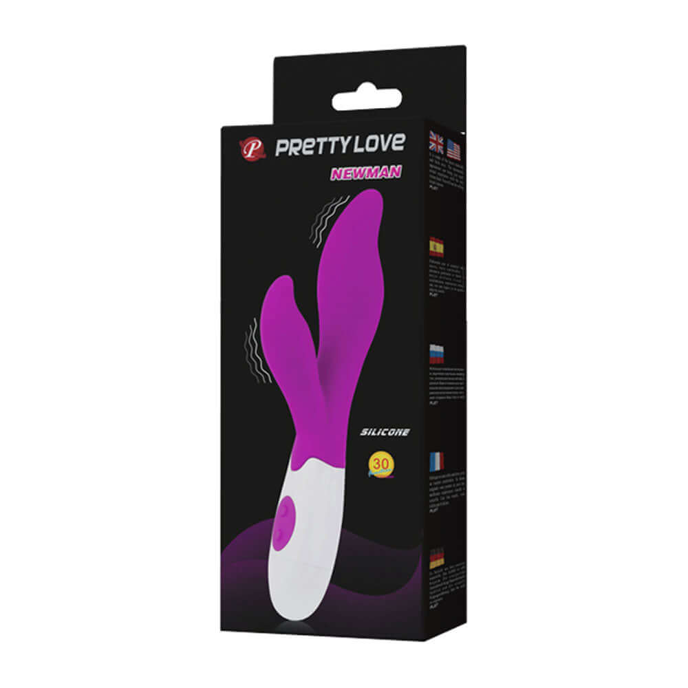 Pretty Love Newman G-Spot Vibrator packaging, sleek purple design, silicone material, modern and stylish look.