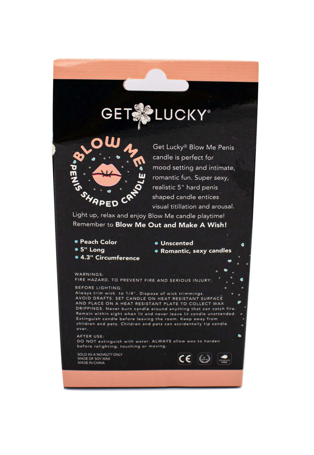 Blow Me Penis Candle Peach packaging featuring instructions and details for lighthearted celebrations.