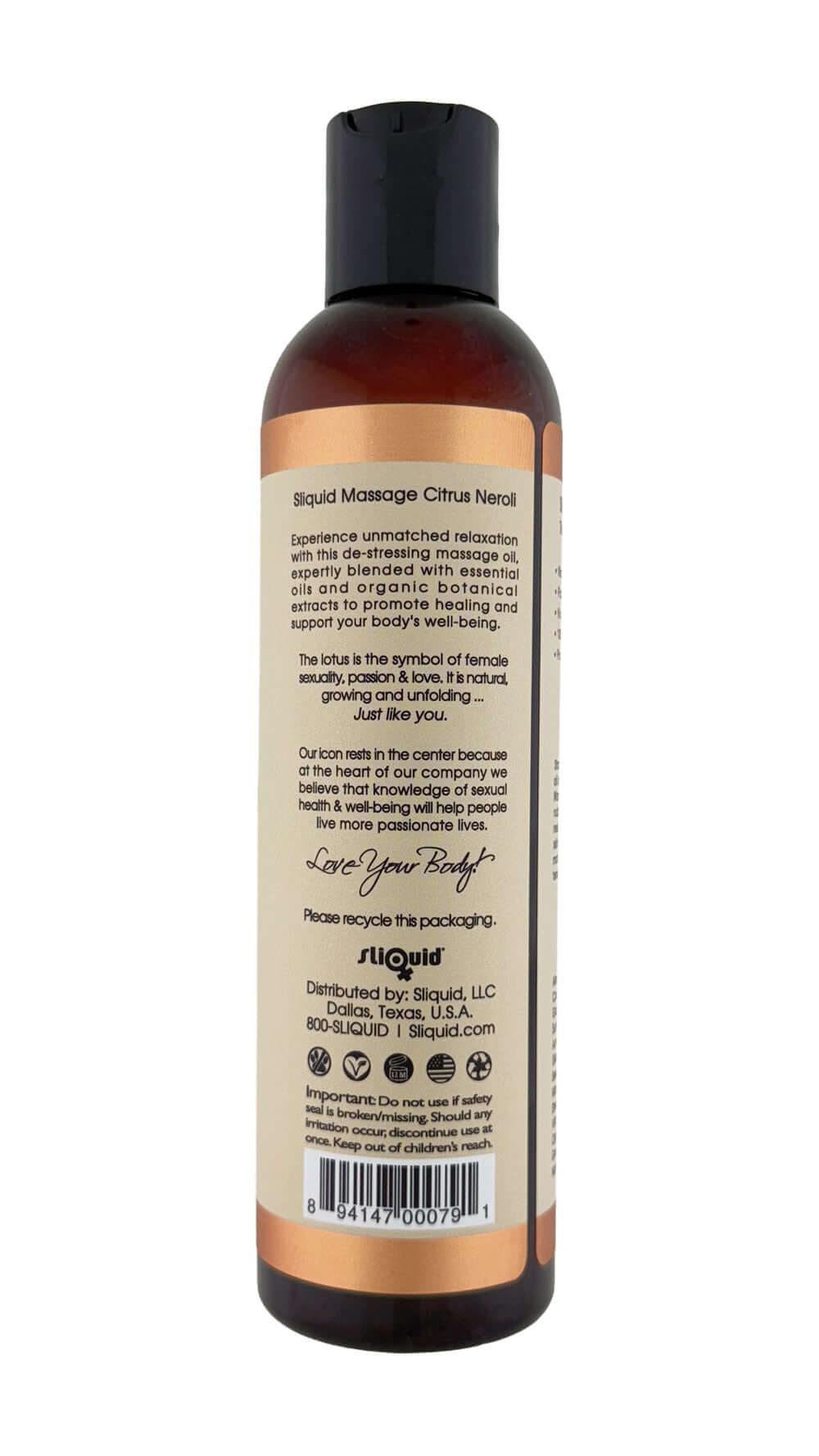 Sliquid Balance Massage Citrus Neroli 8.5 Oz bottle with label describing calming ingredients and uses for relaxation.