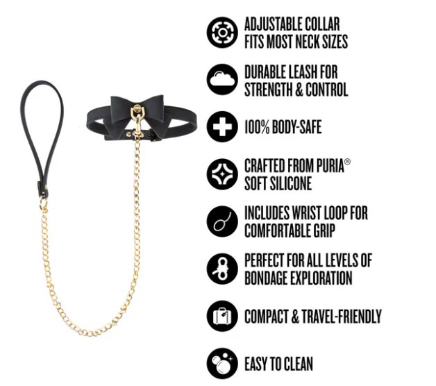 Temptasia Ardor Collar and Leash Black With Bow features adjustable collar, durable leash, and body-safe silicone.