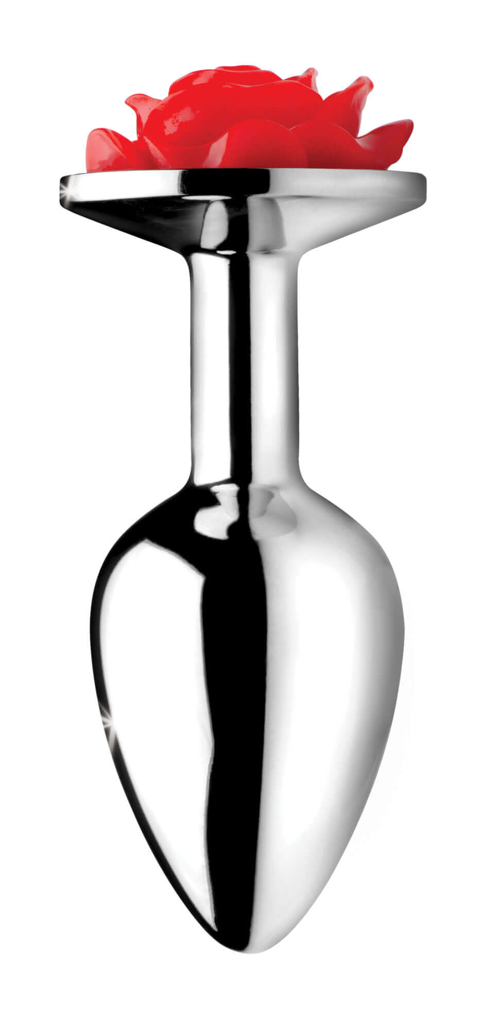 Red Rose Anal Plug Medium Booty Sparks, elegant metal anal plug with a rose design, featuring a polished aluminum finish.