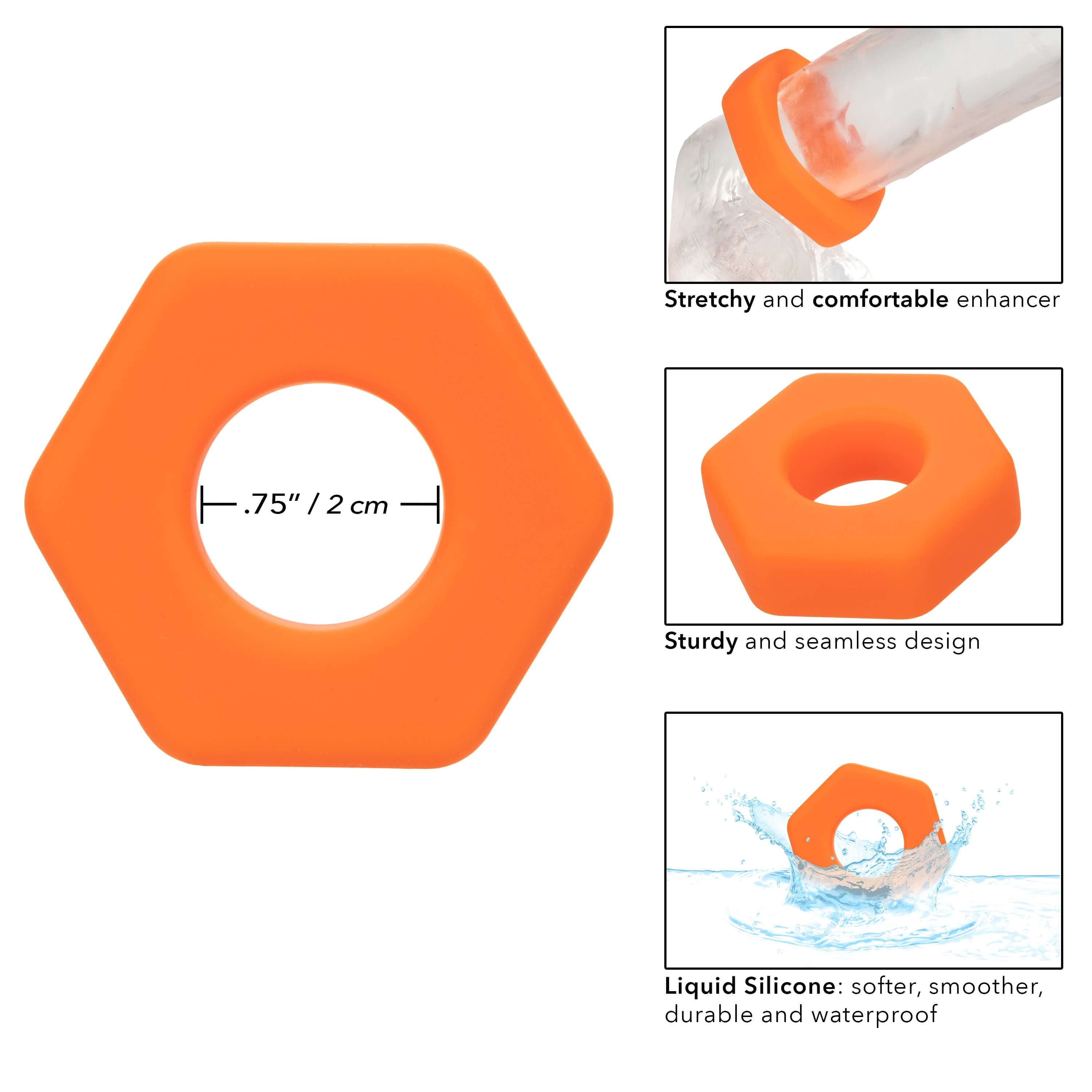 Alpha Liquid Silicone Prolong Sexagon Ring Orange demonstrating its stretchy, comfortable, sturdy, and seamless design.