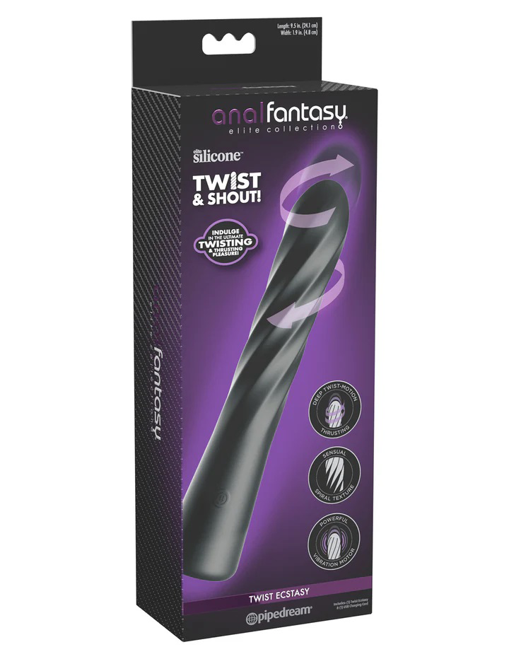 Anal Fantasy Elite Twist Ecstasy Vibrator Black packaging showcasing its unique design and features.