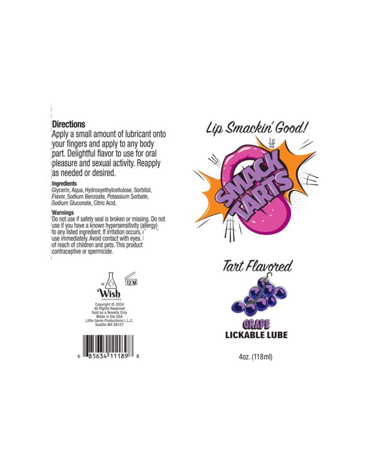 Smack Tarts Lickable Flavored Lubricant Grape 4 Oz product label with directions and flavor description.