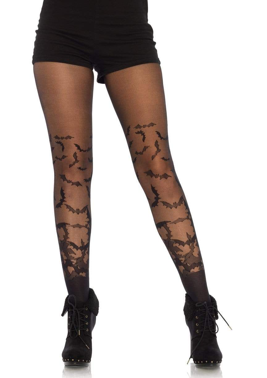 Leg Avenue Bat Wing Sheer Tights Black OS with bat designs on sheer fabric worn with shorts and boots.