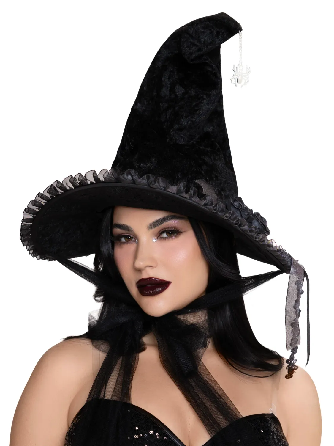 Dark Lolita Velvet Witch Hat Black worn by a model, featuring romantic ruffled trim and a spooky design.