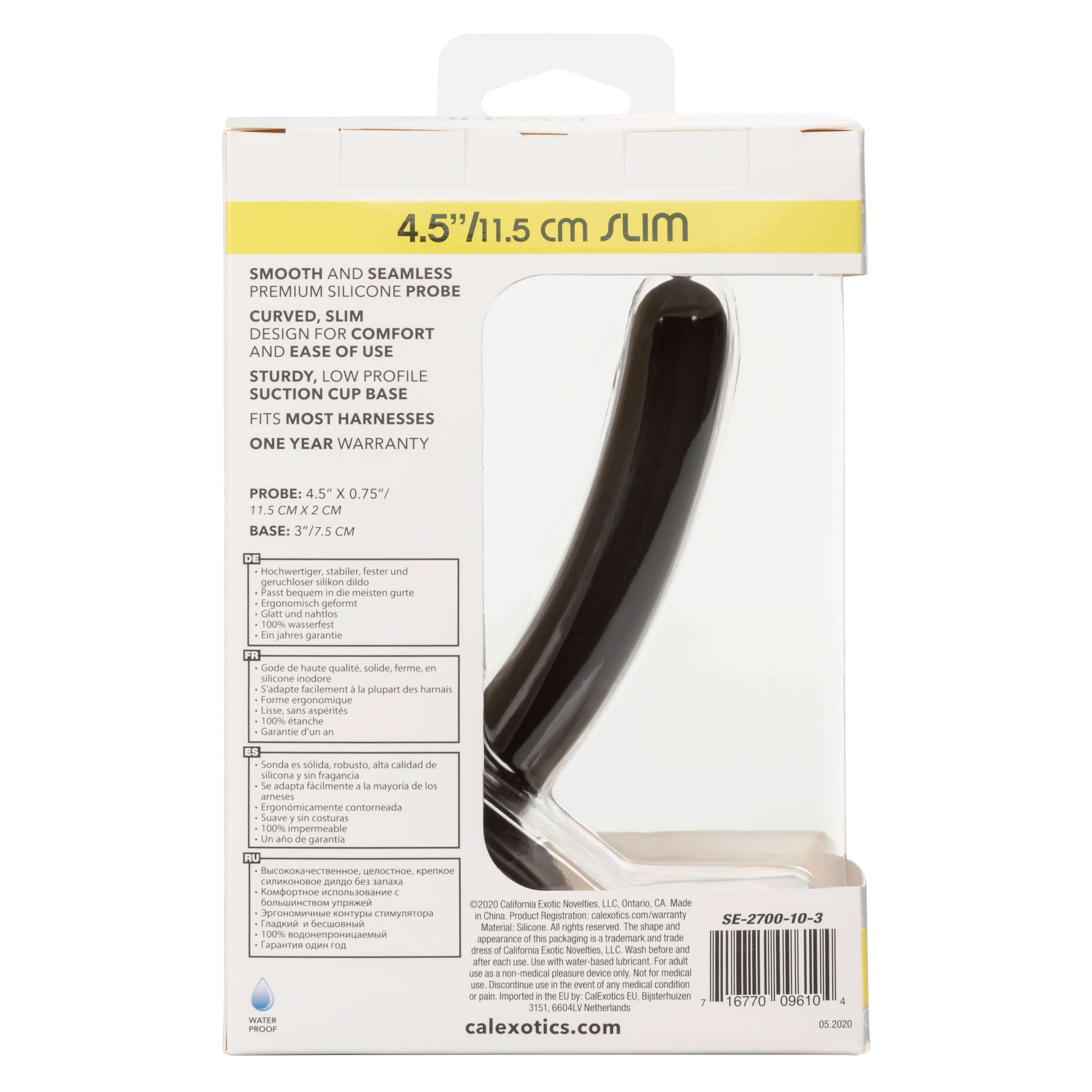 Boundless Slim Probe Dildo 4.5 Inch Black packaging, featuring smooth silicone and suction cup base for versatile use.