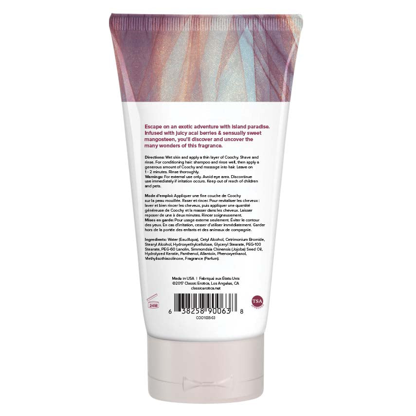 Coochy Shave Cream Island Paradise 3.4 Oz tube, featuring vibrant design and product information on the back.