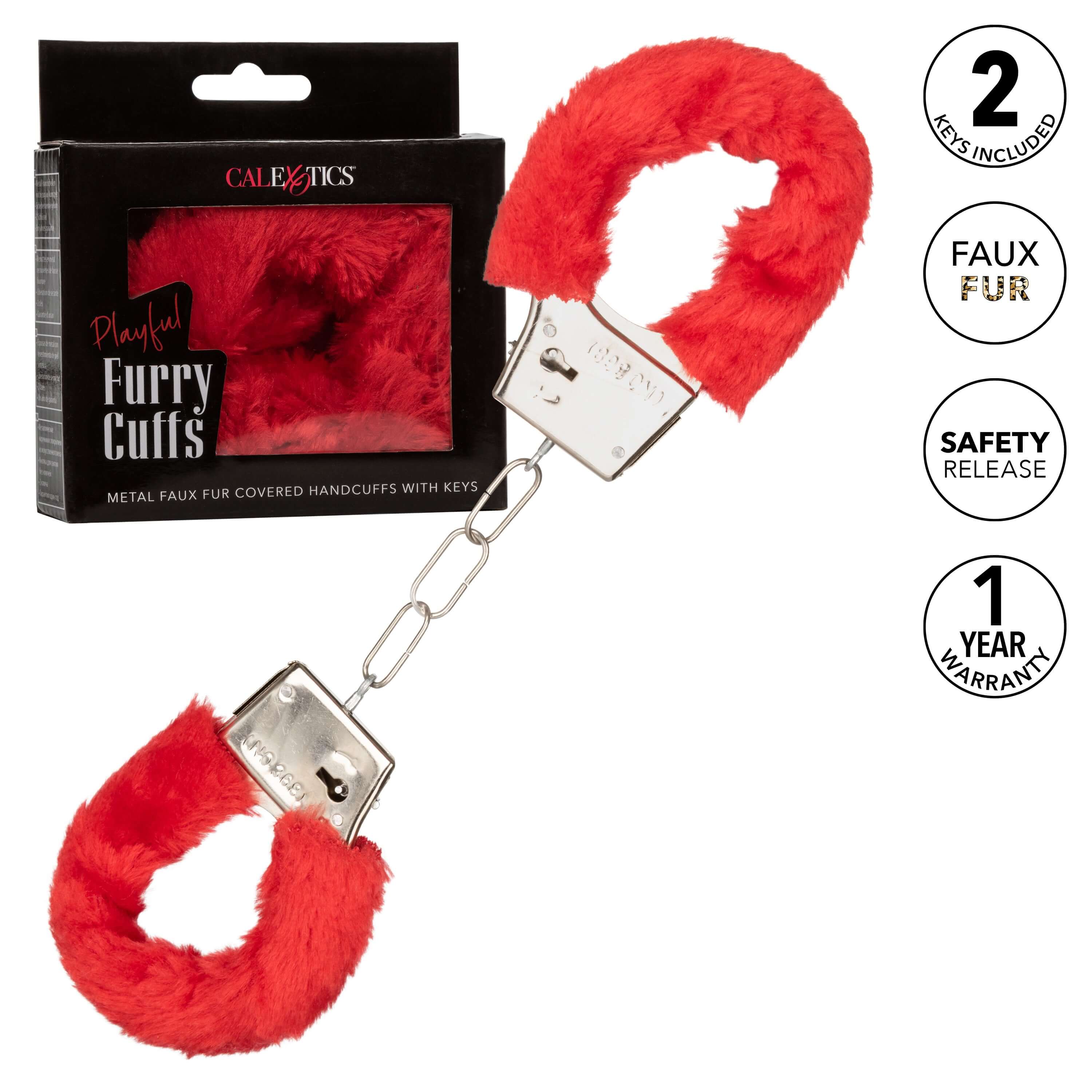 Playful Furry Cuffs Red with metal chains and faux fur, ideal for light bondage and playful exploration.