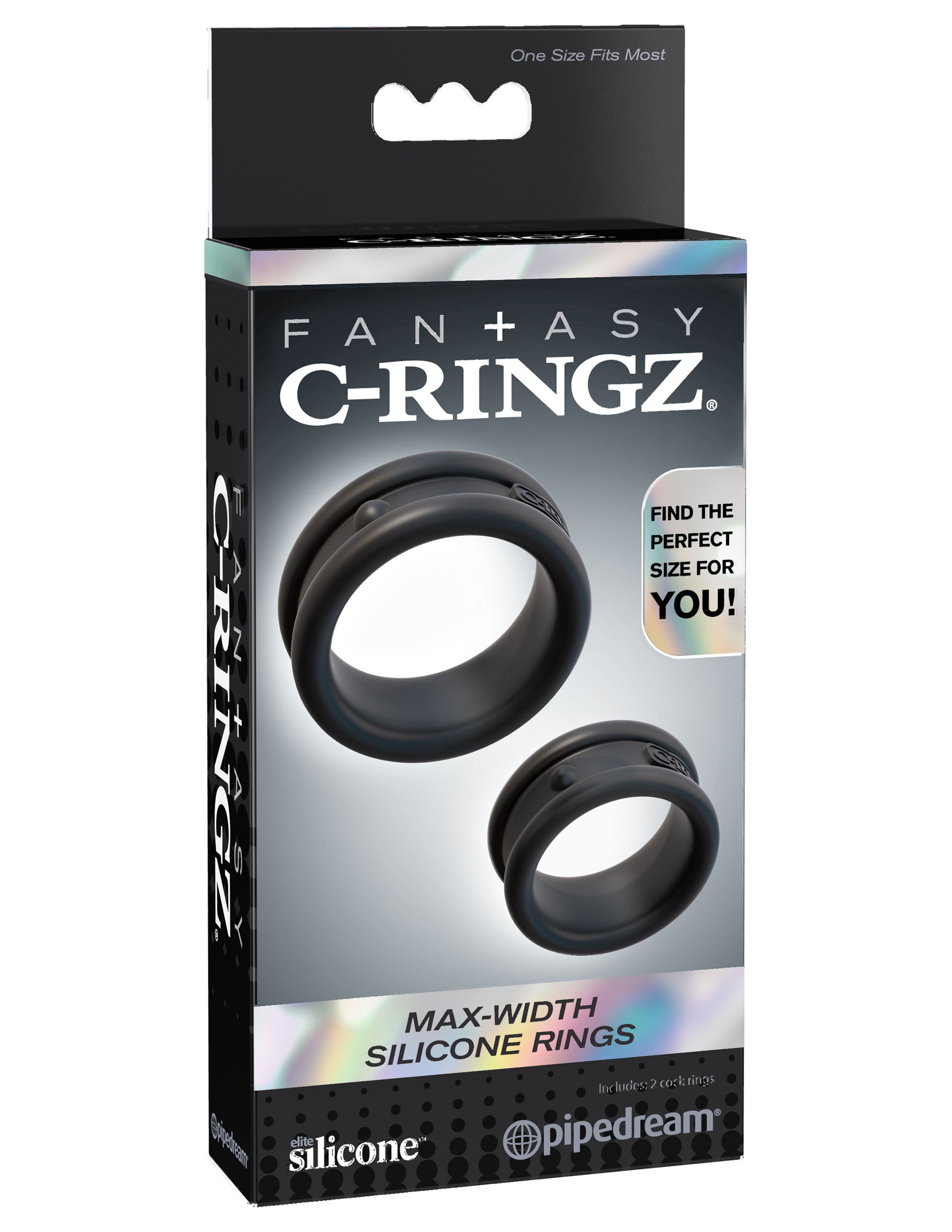 Fantasy C-Ringz Max Width Silicone Rings Black product packaging showcasing two silicone rings for enhanced performance.