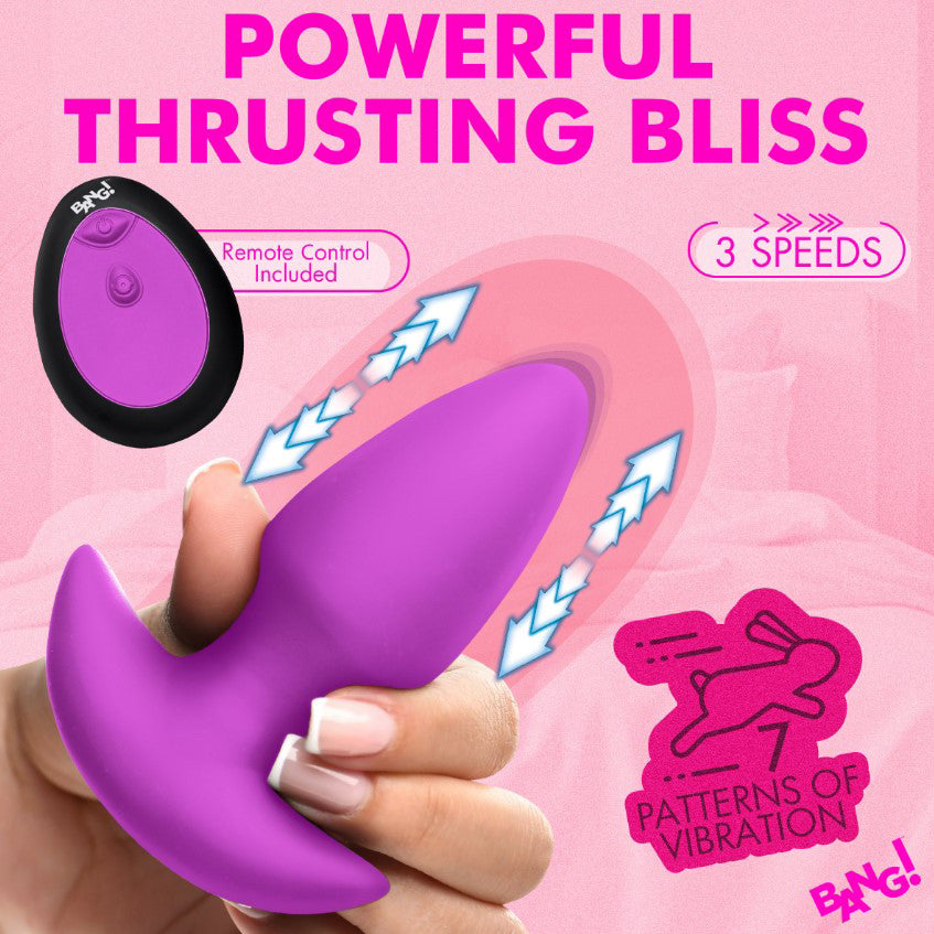 Bang Thrusting and Vibrating Silicone Butt Plug Purple with remote control and 3 speeds for powerful pleasure.