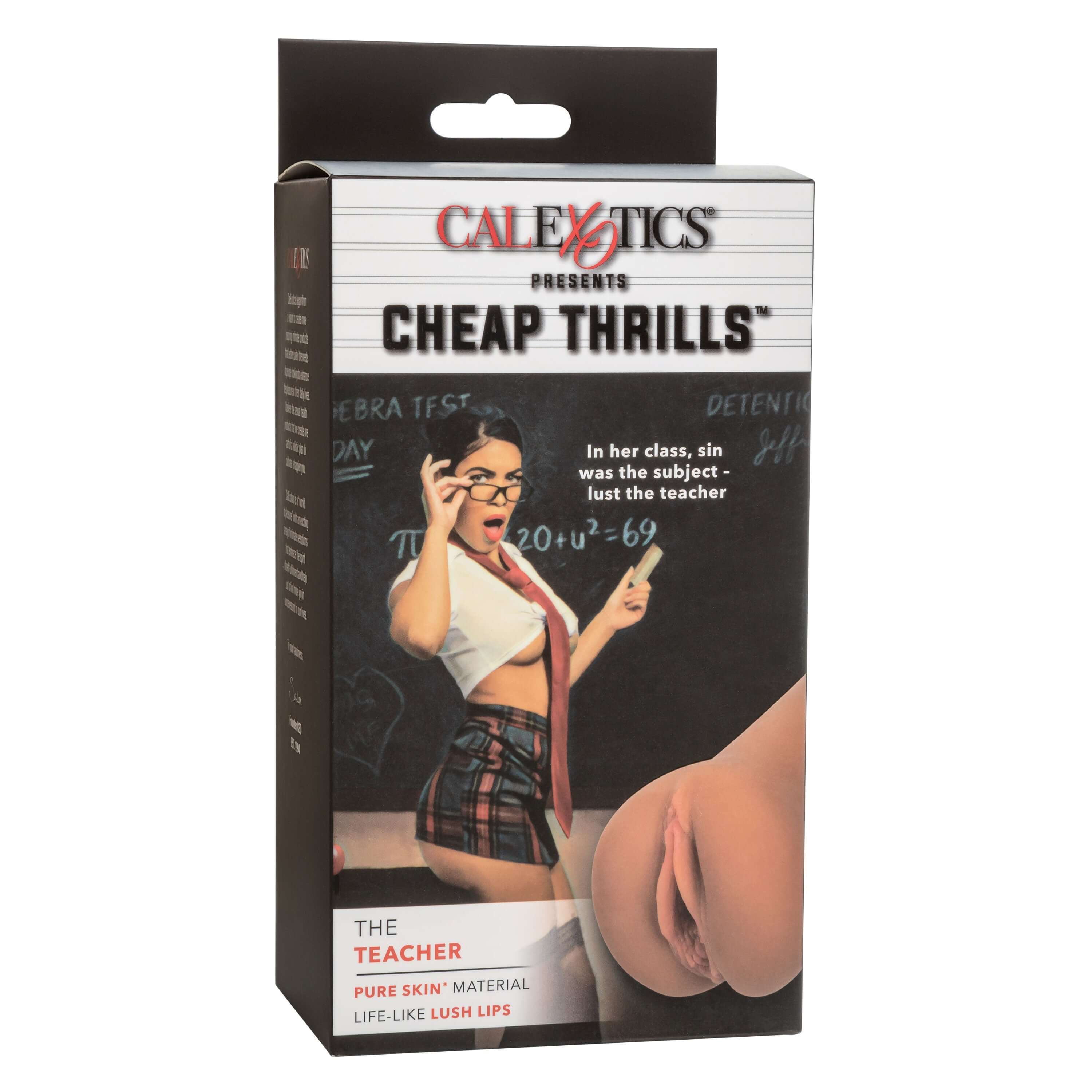 Cheap Thrills the Teacher Stroker product packaging with sensual design and tagline.