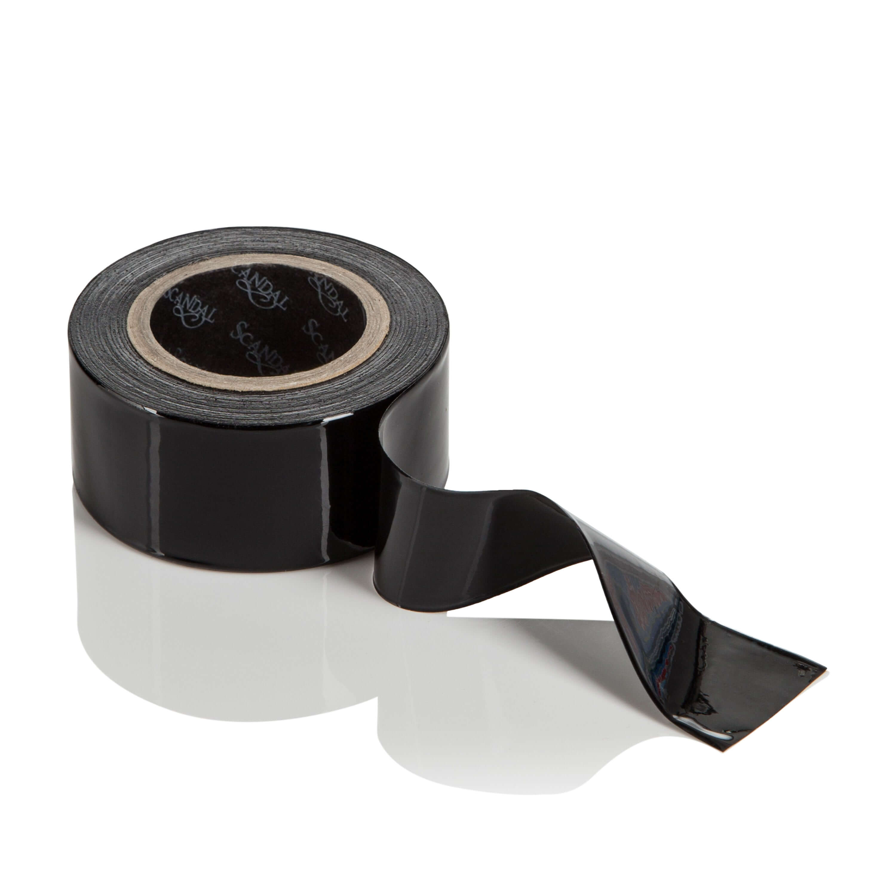 Scandal Lovers Tape Black roll showcasing its versatile, self-adhesive design against a reflective background.