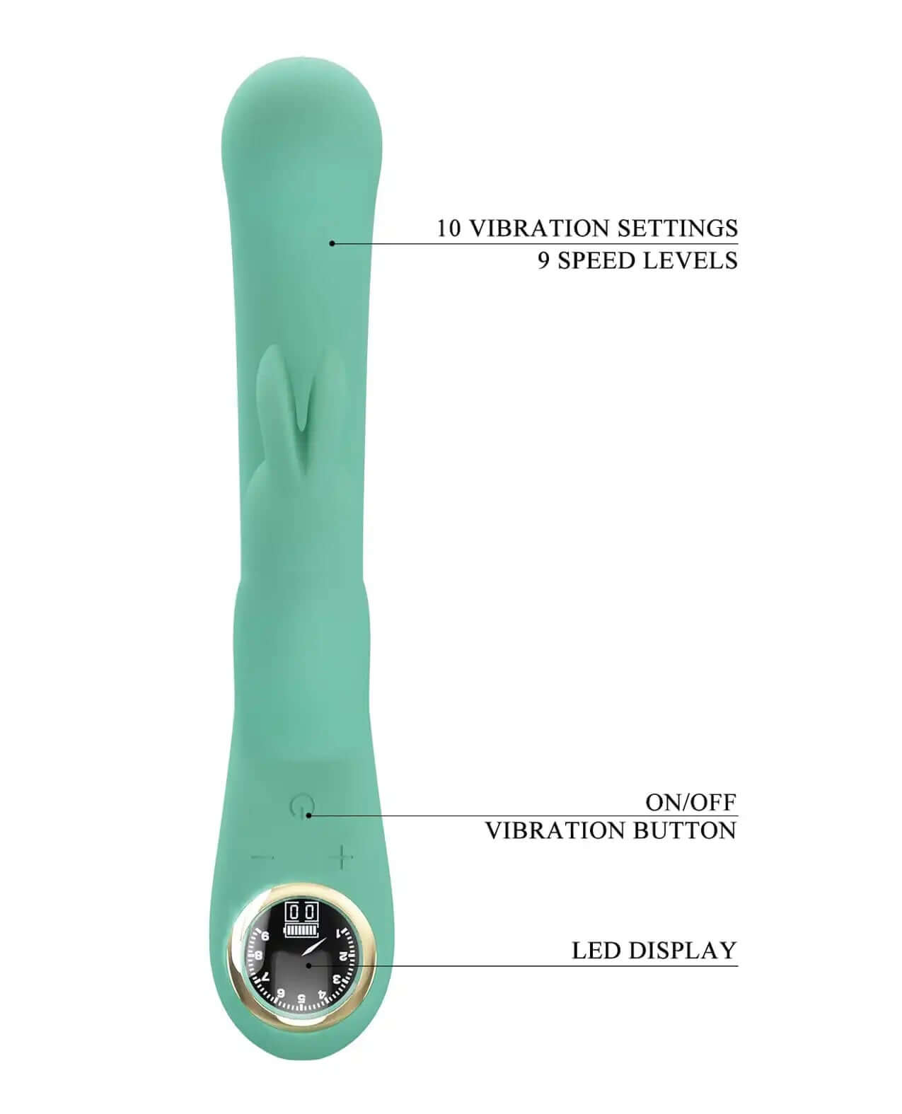 Lamar turquoise silicone vibrating rabbit with 10 settings, 9 speed levels, rechargeable LED display for intimate health by Pretty Love