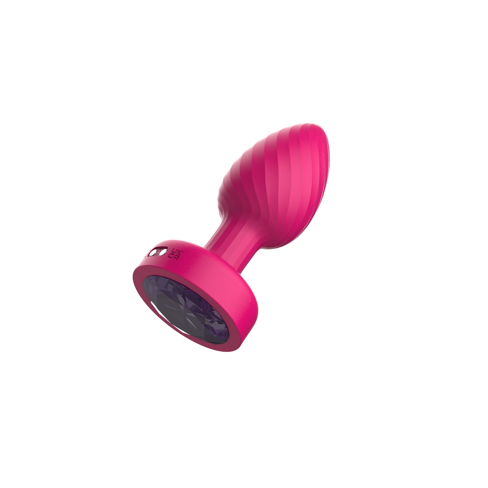 Twila Twirling Purple Gem Light Up Vibrating Plug With Heart Remote featuring a pink ribbed design and jeweled base.